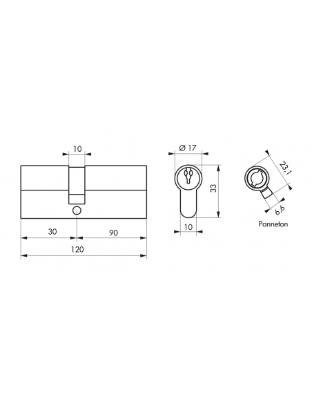 Cylindre de serrure double entrée SA, 30x90mm, anti-arrachement, laiton, 3 clés - THIRARD Cylindres à double entrée