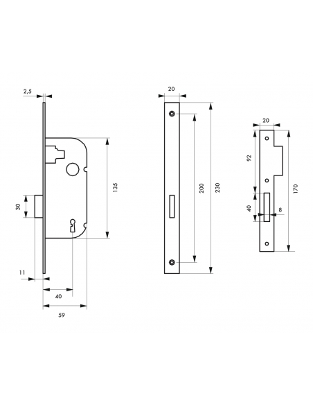 Serrure encastrable à clé pour porte intérieure, pêne dormant seul, axe 40mm, bouts ronds, zingué, 1 clé - THIRARD Serrures e...