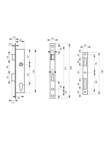 Serrure encastr. à cylindre pour menuiserie métallique, axe 24mm, L 39, bouts carrés, cylindre 30x30mm, inox, 3 clés - THIRAR...