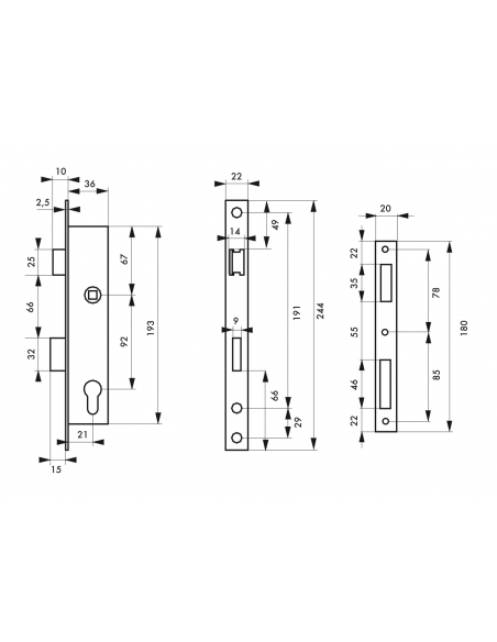 Serrure encastr. à cylindre pour menuiserie métallique, axe 21mm, L 36, bouts carrés, cylindre 30x30mm, inox, 3 clés - THIRAR...