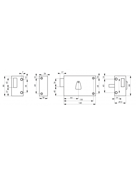 Serrure horizontale en applique 6 gorges à clé pour porte de cave, pêne seul, gauche, axe 64mm, 140x88mm, noir, 2 clés - THIR...