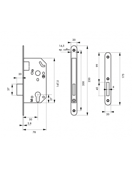 Boitier de serrure encastrable Unimax NF à cylindre pour entrée, pêne dorm. seul, axe 50mm, bouts ronds, nickelé - THIRARD Se...