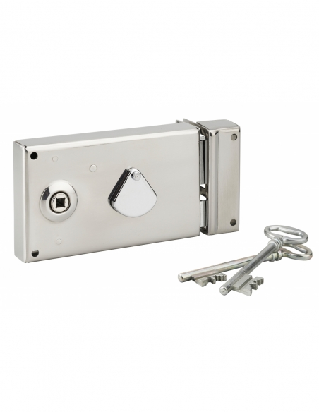 Serrure de grille en applique horizontale à clé à fouillot pour portail, gauche, axe 58mm, 140x82mm, inox, 2 clés - THIRARD S...