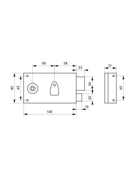 Serrure horizontale de grille en applique à clé à fouillot pour portail, droite, axe 58mm, 140x82mm, inox, 2 clés - THIRARD S...