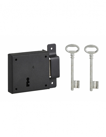 Serrure horizontale en applique à clé pour porte de cave, pêne seul, droite, axe 50mm, 85x76mm, noir, 2 clés - THIRARD Serrur...