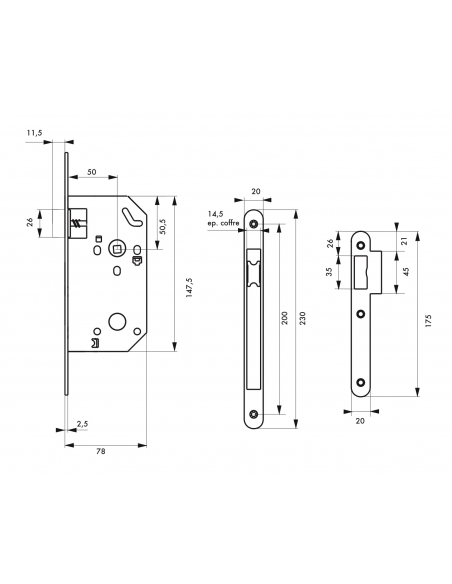 Serrure encastrable Monomax NF pour porte intérieure, axe 50mm, bouts ronds, têtière laitonnée - THIRARD Serrures encastrables