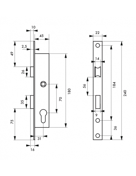 Serrure encastrable à cylindre pour menuiserie métallique, axe 32mm, bouts carrés, cylindre 30x30mm, inox, 3 clés - THIRARD S...