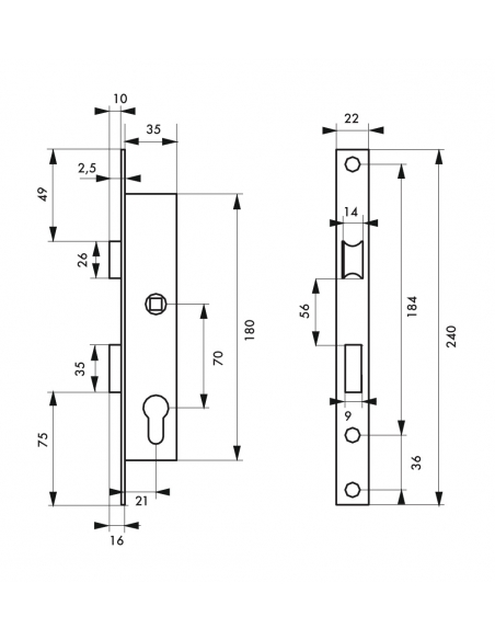 Serrure encastrable à cylindre pour menuiserie métallique, axe 22mm, bouts carrés, cylindre 30x30mm, inox, 3 clés - THIRARD S...