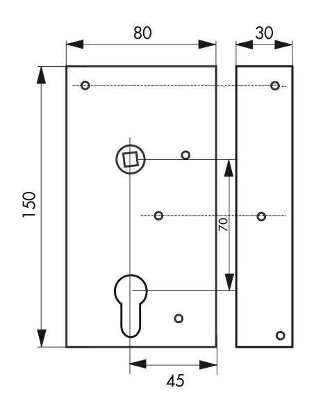 Boitier de serrure en applique double entrée à fouillot pour portail bois, réversible, axe 45mm, 80x150mm, noir - THIRARD Ser...