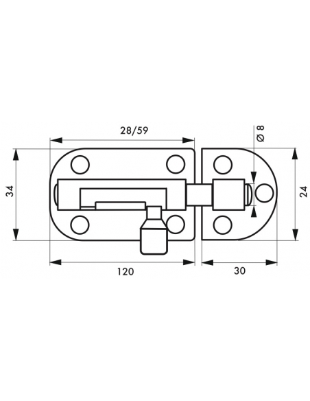 Targette, acier, pêne Ø 8mm, 34x120mm, nickel satin - THIRARD Targette