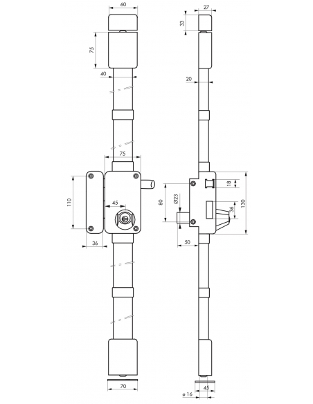 Serrure en applique Beluga à tirage pour porte d'entrée, gauche, 3 pts, cylindre HG5 Ø23mm, axe 45mm, marron, 4 clés - THIRAR...