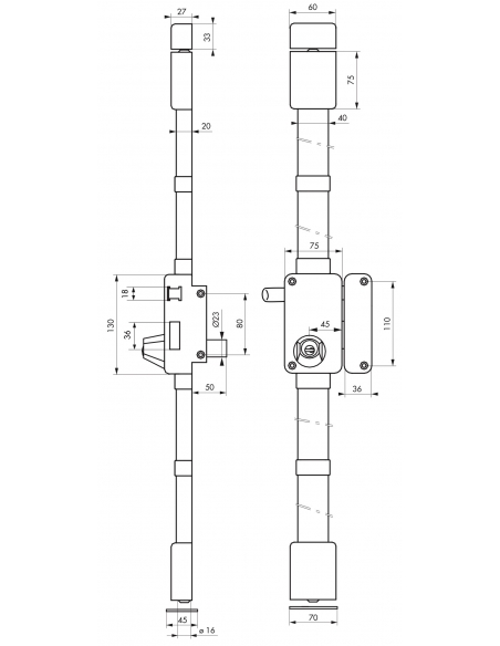 Serrure en applique Beluga à tirage pour porte d'entrée, droite, 3 pts, cylindre HG5 Ø23mm, axe 45mm, marron, 4 clés - THIRAR...