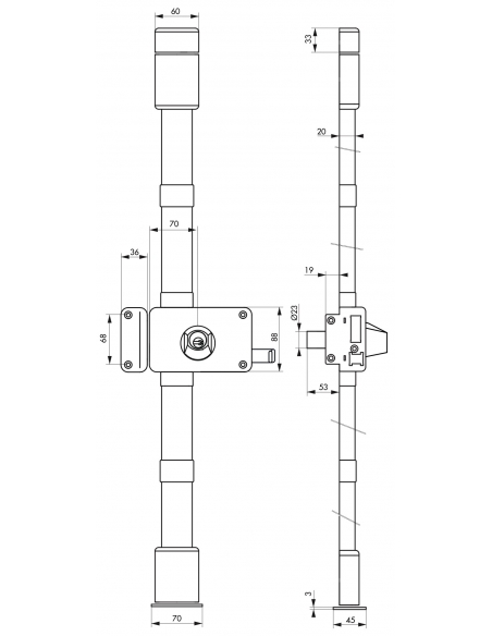 Serrure en applique Horga à tirage pour porte d'entrée, gauche, 3 pts, cylindre HG5 Ø23mm, axe 70mm, marron, 4 clés - THIRARD...