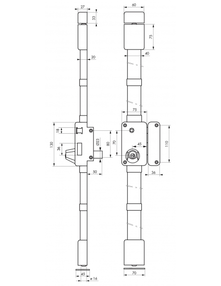 Serrure en applique Beluga à fouillot pour porte d'entrée, droite, 3 pts, cylindre HG5 Ø23mm, axe 45mm, marron, 4 clés - THIR...