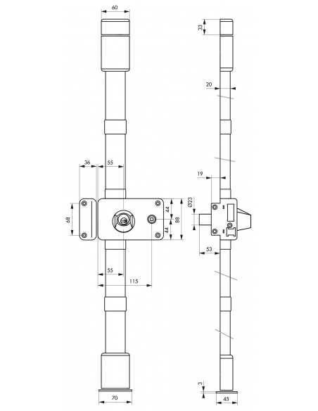 Serrure en applique Horga à fouillot pour porte d'entrée, gauche, 3 pts, cylindre HG5 Ø23mm, axe 55mm, marron, 4 clés - THIRA...