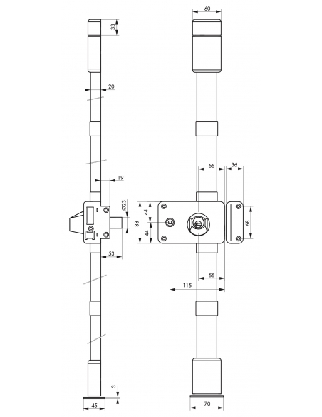 Serrure en applique Horga à fouillot pour porte d'entrée, droite, 3 pts, cylindre HG5 Ø23mm, axe 55mm, marron, 4 clés - THIRA...