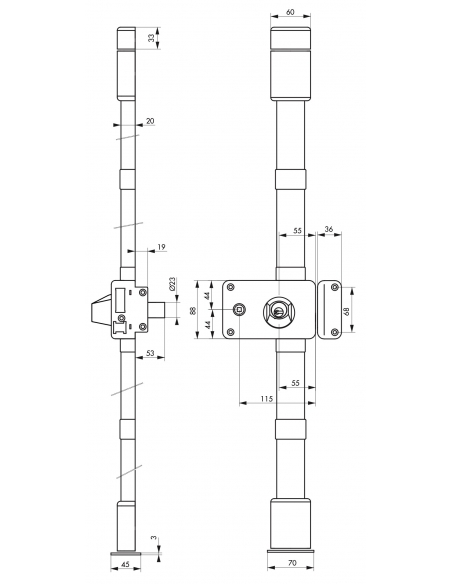 Serrure en applique Horga à fouillot pour porte d'entrée, droite, 3 pts, cylindre HG5 Ø23mm, axe 55mm, blanc, 4 clés - THIRAR...