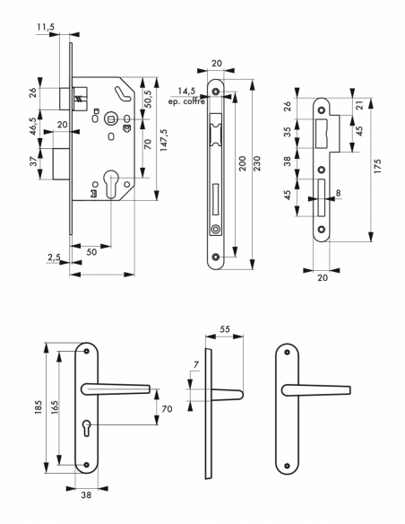 Garniture serrure encastrable Monomax NF à cylindre + ensemble poignées Leto, axe 50mm, bouts ronds, 3 clés - THIRARD Serrure...