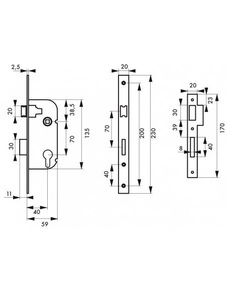 Serrure encastrable à cylindre + poignées Leto ,axe 40mm, bouts carrés, cylindre 30x30mm, zingué, 3 clés - THIRARD Serrures e...