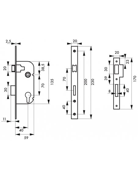 Serrure encastrable à cylindre + poignées Ares, axe 40mm, bouts carrés, cylindre 30x30mm, zingué, 3 clés - THIRARD Serrures e...