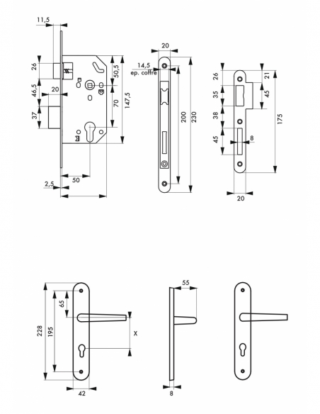 Garniture serrure encastrable Monomax NF à cylindre + ensemble poignées Pelope, axe 50mm, bouts ronds, 3 clés - THIRARD Serru...
