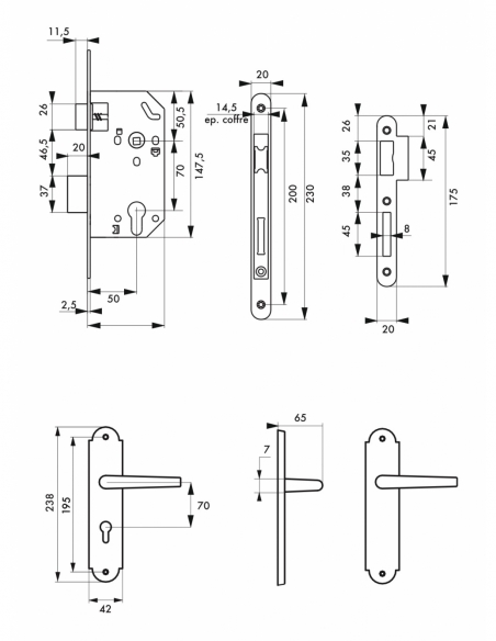 Garniture serrure encastrable Monomax NF à cylindre + ensemble poignées Charon, axe 50mm, bouts ronds, 3 clés - THIRARD Serru...