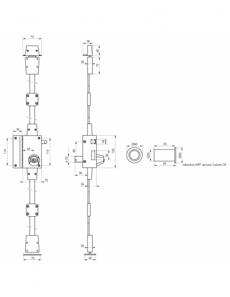 Serrure en applique Targa A2P* à tirage pour porte d'entrée, gauche, 3 pts, Transit2 Ø 23mm, axe 45mm, or, 4 clés - THIRARD S...