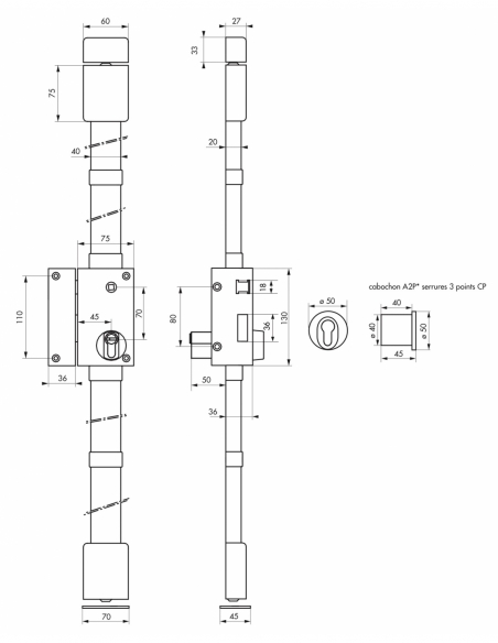 Serrure en applique Targa A2P* à fouillot pour entrée, gauche, 3pts, Transit2 30x65mm, axe 45mm, or, 4 clés - THIRARD Serrure...