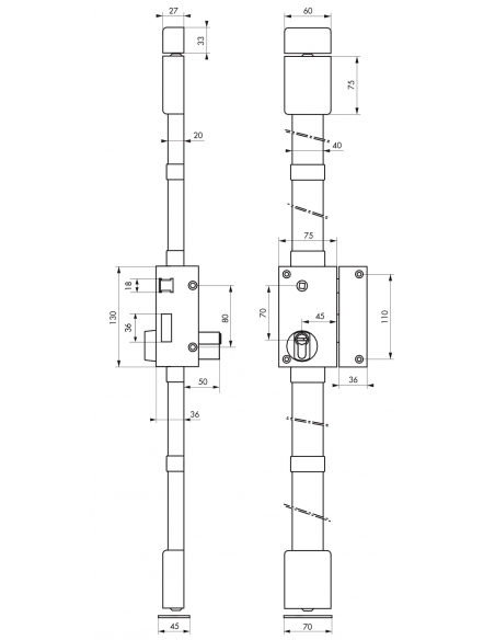 Serrure en applique Targa à fouillot pour porte d'entrée, droite, 3 pts, Transit2 30x65mm, axe 45mm, or, 4 clés - THIRARD Ser...