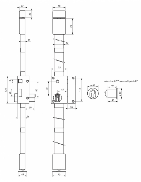 Serrure en applique Targa A2P* à fouillot pour entrée, droite, 3pts, Transit2 30x65mm, axe 45mm, or, 4 clés - THIRARD Serrure...