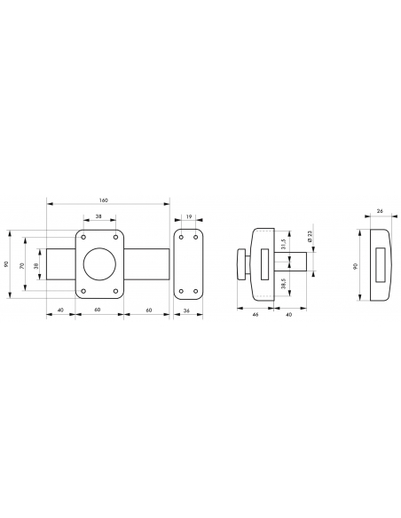 Verrou à bouton Apache pour porte de garage, cylindre 40mm, pêne 160mm, acier, 3 clés, époxy or - THIRARD Verrou de porte