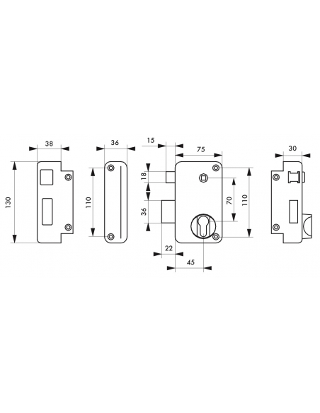 Boitier de serrure verticale en applique double entrée à fouillot pour entrée, gauche pouss., axe 45mm, 75x130mm, noir - THIR...