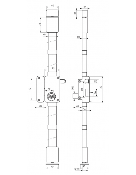 Serrure en applique Beluga à tirage pour porte d'entrée, gauche, 3 pts, Transit2 Ø23mm, axe 45mm, marron, 4 clés - THIRARD Se...