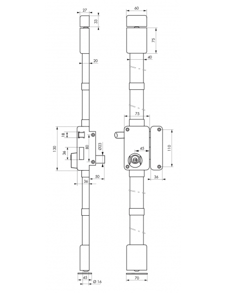 Serrure en applique Beluga à tirage pour porte d'entrée, droite, 3 pts, Transit2 Ø23mm, axe 45mm, marron, 4 clés - THIRARD Se...