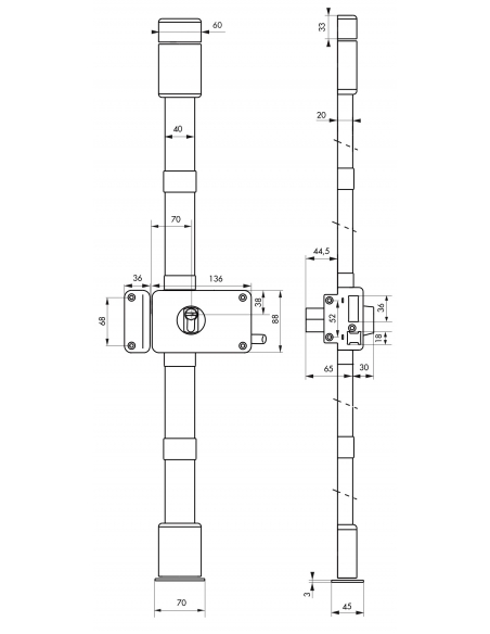 Serrure en applique Horga A2P* à tirage pour entrée, gauche, 3pts, Transit2 30x65mm, axe 70mm, marron, 4 clés - THIRARD Serru...