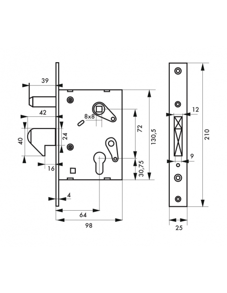 Boitier de serrure encastrable à cylindre pour portail, axe 64mm, bouts carrés, zingué - THIRARD Serrures encastrables