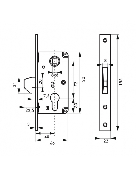 Boitier de serrure encastrable à cylindre pour portail, axe 40mm, bouts carrés, zingué - THIRARD Serrures encastrables