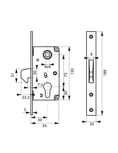 Boitier de serrure encastrable à cylindre pour portail, axe 30mm, bouts carrés, zingué - THIRARD Serrures encastrables