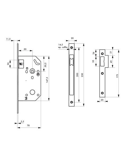 Serrure encastrable Monomax NF pour porte intérieure, axe 50mm, bouts carrés, têtière noire - THIRARD Serrures encastrables