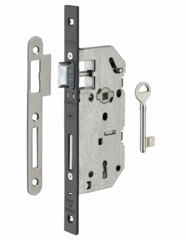 Serrure encastrable Monomax NF à clé pour porte de chambre, axe 40mm, bouts carrés, têtière noire, 1 clé - THIRARD Serrures e...