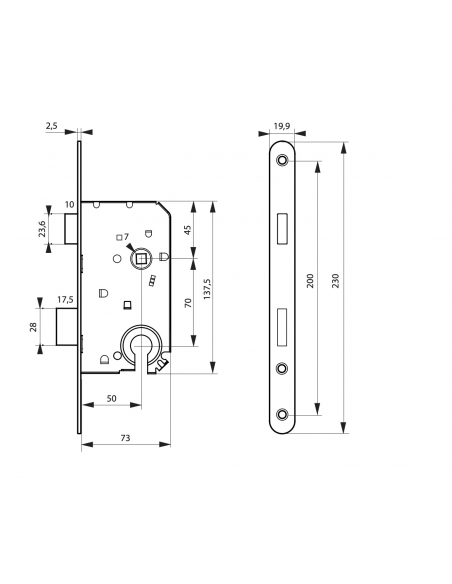 Boitier de serrure magnétique encastrable à cylindre pour porte intérieure à sécuriser, axe 50mm, bouts ronds - THIRARD Serru...