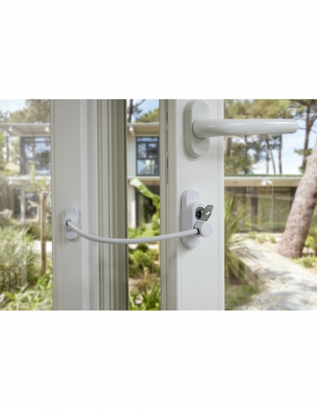 Entrebailleur à clé pour fenêtre, câble acier, 180mm, laqué blanc, 1 clé - THIRARD Entrebailleur de fenêtre