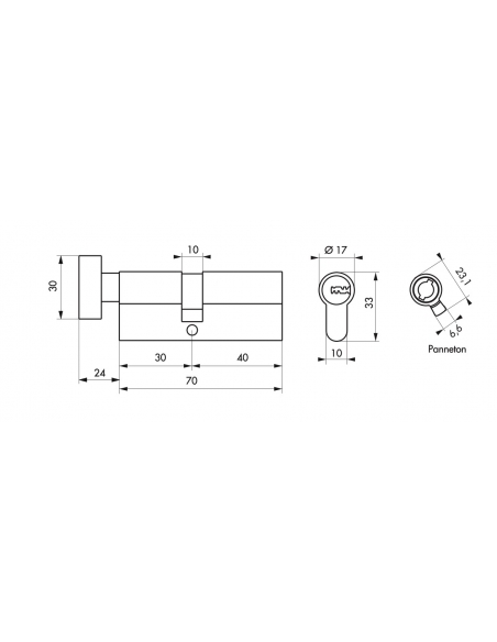 Cylindre de serrure à bouton débrayable Trafic 6, 30x40mm, anti-arrachement, anti-perçage, nickel, 5 clés longues - THIRARD C...