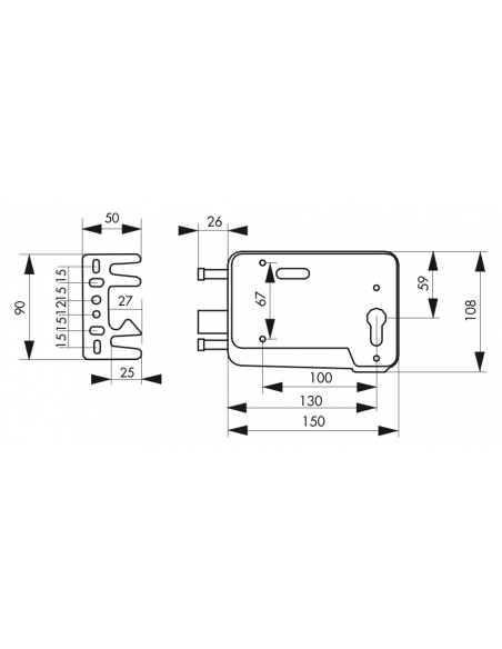 Serrure en applique à double entrée pour portillon, réversible, 150x108mm, axe 130mm, cylindre 30x10mm, gris, 3 clés - THIRAR...