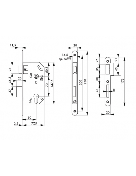 Boitier de serrure encastrable à cylindre pour porte d'entrée, axe 50mm, bouts ronds - Serrurerie de Picardie Serrures encast...