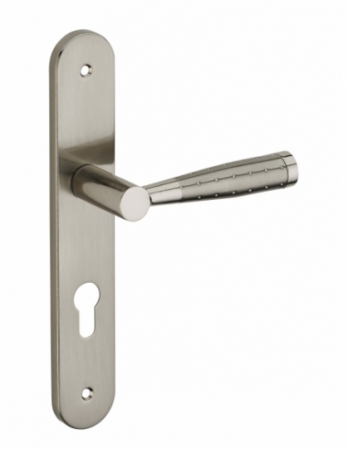 Ensemble de poignées pour porte d'entrée Helios trou de cylindre, entr'axes 195mm, nickelé satiné - Serrurerie de Picardie St...
