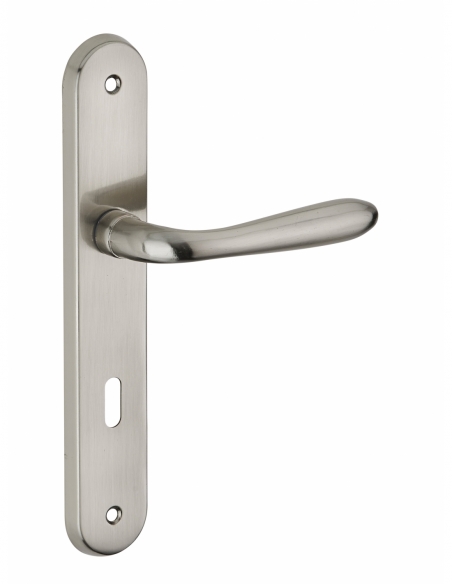 Ensemble de poignées pour porte intérieure Athena trou de clé, entr'axes 195mm, nickelé brossé - Serrurerie de Picardie Stock...