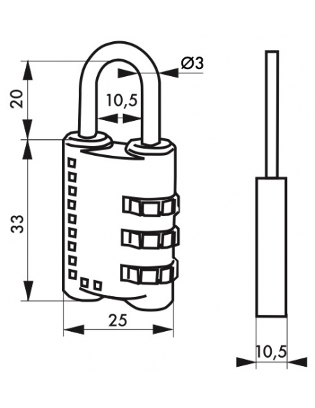 Cadenas à code, bagage, 25mm, anse acier nickelé, 3 chiffres - SP Cadenas à combinaison