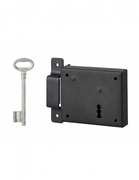 Serrure horizontale en applique à clé pour porte de cave, pêne seul, gauche, axe 60mm, 95x76mm, noir, 1 clé - THIRARD Serrure...