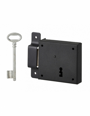Serrure horizontale en applique à clé pour porte de cave, pêne seul, gauche, axe 50mm, 85x76mm, noir, 1 clé - THIRARD Serrure...